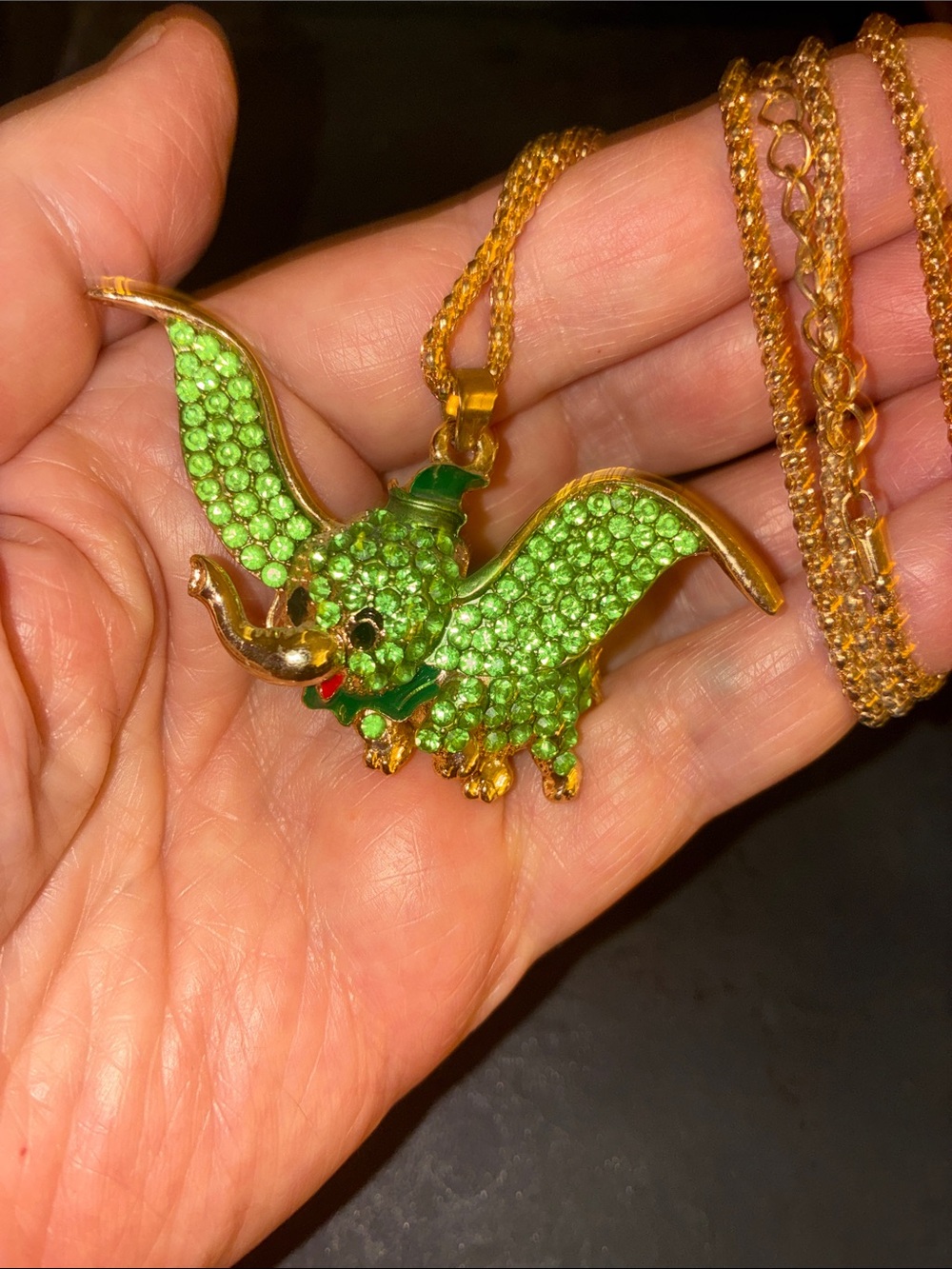 Gold-Tone Green Dumbo Pendant Vibrant Green Rhinestones